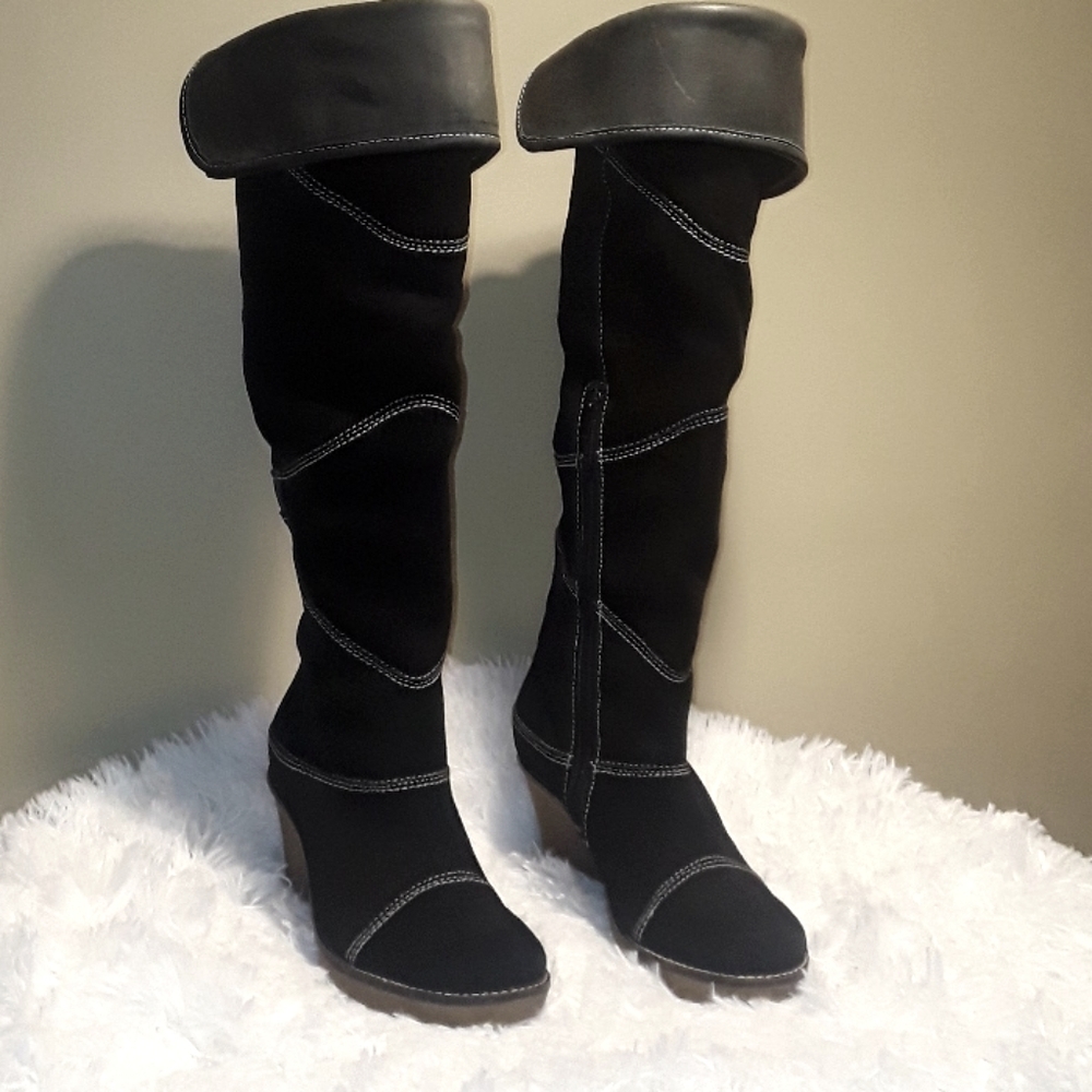 Josef Seibel Black Suede Over the Thigh Knee High Wedge Leather Boots Sz…